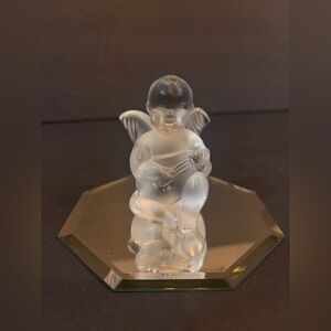 Lalique France Frosted Crystal Angel Playing Lyre Cherub Figurine Signed 3”